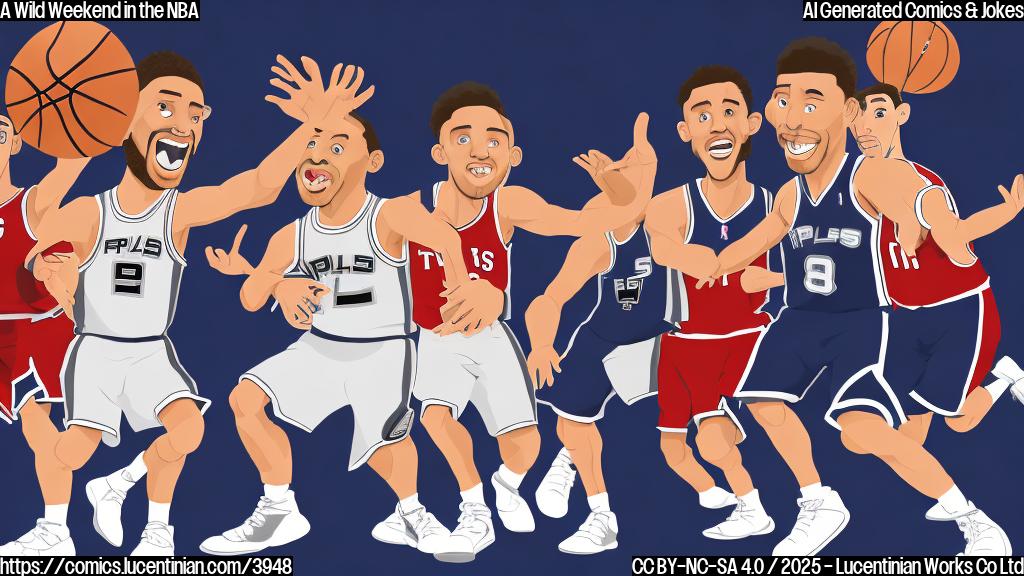 A cartoon of three basketball players in simple flat style.  One is wearing a Kings jersey, another is wearing a Spurs jersey, and a third is wearing a Bulls jersey. They are all looking confused and slightly panicked, running around a basketball court with papers flying everywhere, with a chaotic background including basketballs, jerseys, and trade documents. Use only plain colors.