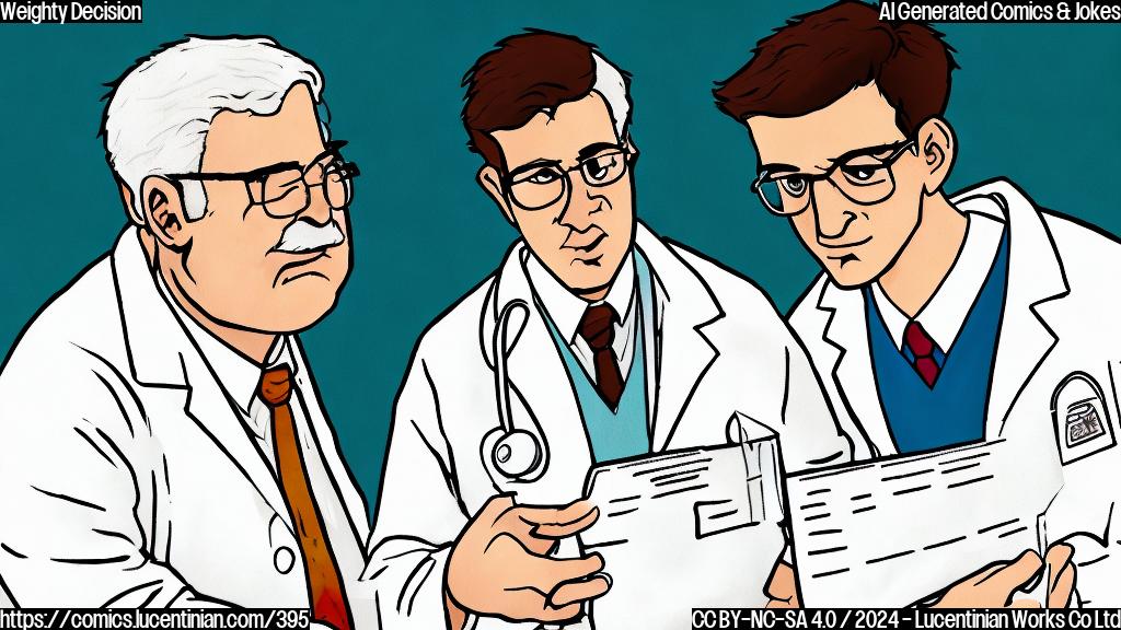 A plain color cartoon style picture of a slender, bespectacled man (the doctor) in a white coat holding a prescription pad with Ozempic written on it. The patient (a slightly overweight individual with a concerned expression) is sitting on the couch next to them, looking relieved.