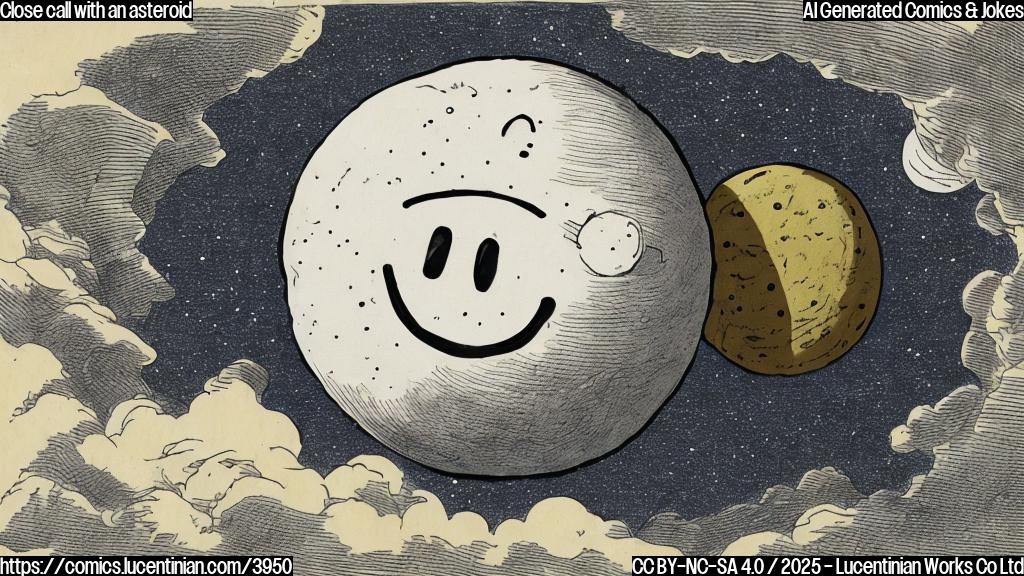 A cartoon of a round asteroid with happy face, sweating and wiping his brow with a small cloth