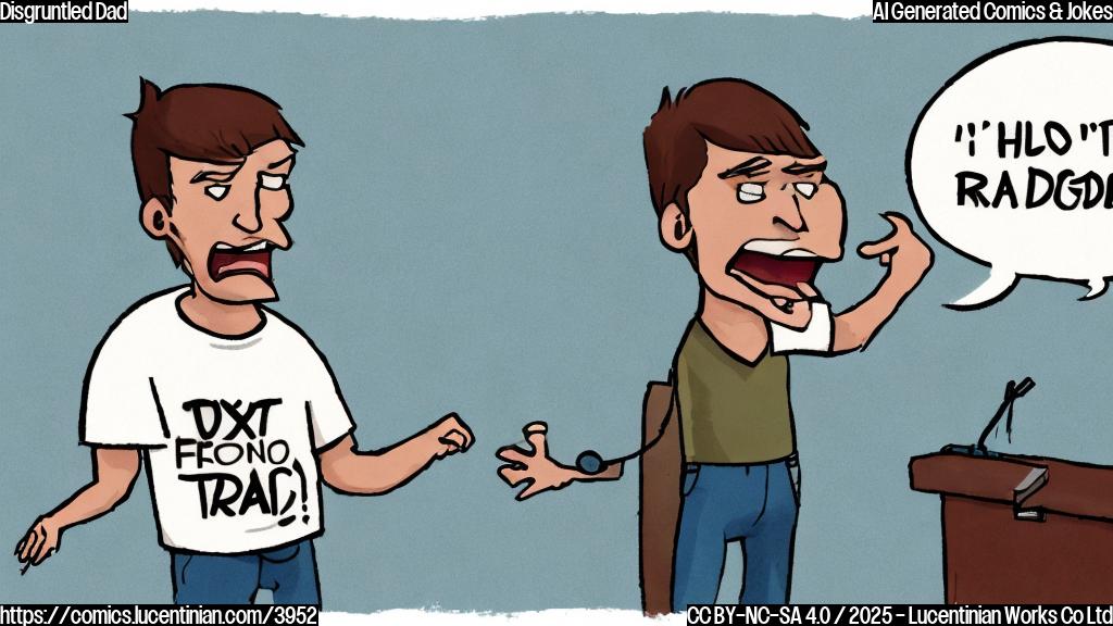 A simple cartoon of an angry-looking father figure with exaggerated features, wearing a simple shirt and pants, with a speech bubble above him saying something like "That's not a good trade!" The background is a plain color like light blue.