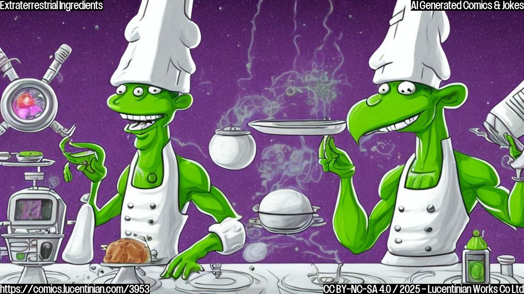 A cartoon drawing in plain colors of a green-skinned alien chef with three eyes and antennae wearing a tall white chef's hat, standing in a kitchen with strange space-themed appliances, looking displeased at a vial filled with a swirling purple substance, with the vial labeled "Asteroid Bennu Ingredients".