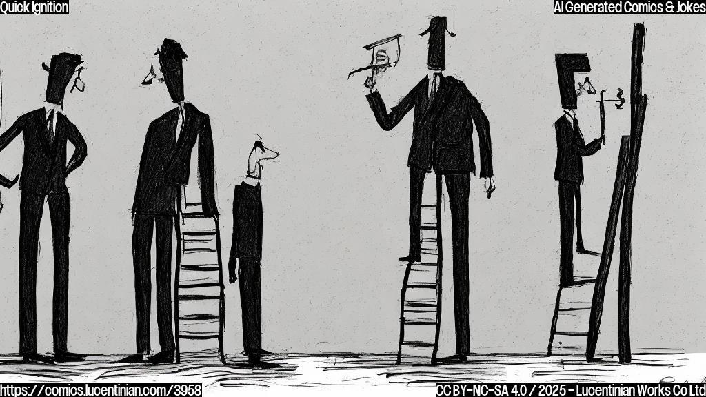 A cartoon drawing of two stick figures in suits, one noticeably taller than the other, in a plain white room. The taller figure holds a lighter, while the shorter figure looks up nervously at a ladder leaning against a wall.  The style should be simple, with solid colors and minimal details. Use a muted color palette of blues and greys,  the lighter should be a bright orange.