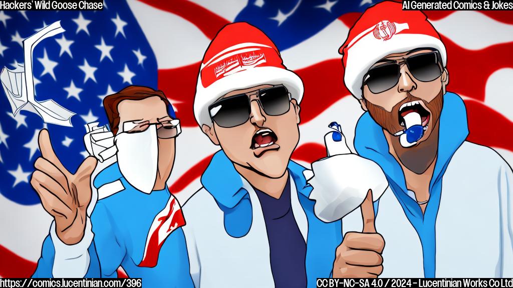 A cartoon of a stylized, cartoonish version of a hacker wearing a white hat and sunglasses, standing in front of a computer screen displaying a US presidential election website. The hacker is holding a megaphone and giving a thumbs-up while the background shows a blurred image of an Iranian flag waving in the wind.
