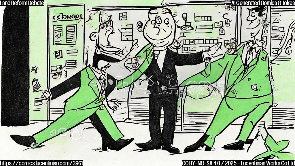 A cartoon drawing of a simple design politician wearing a suit and tie being fired from his job. The background is a plain light green colour.