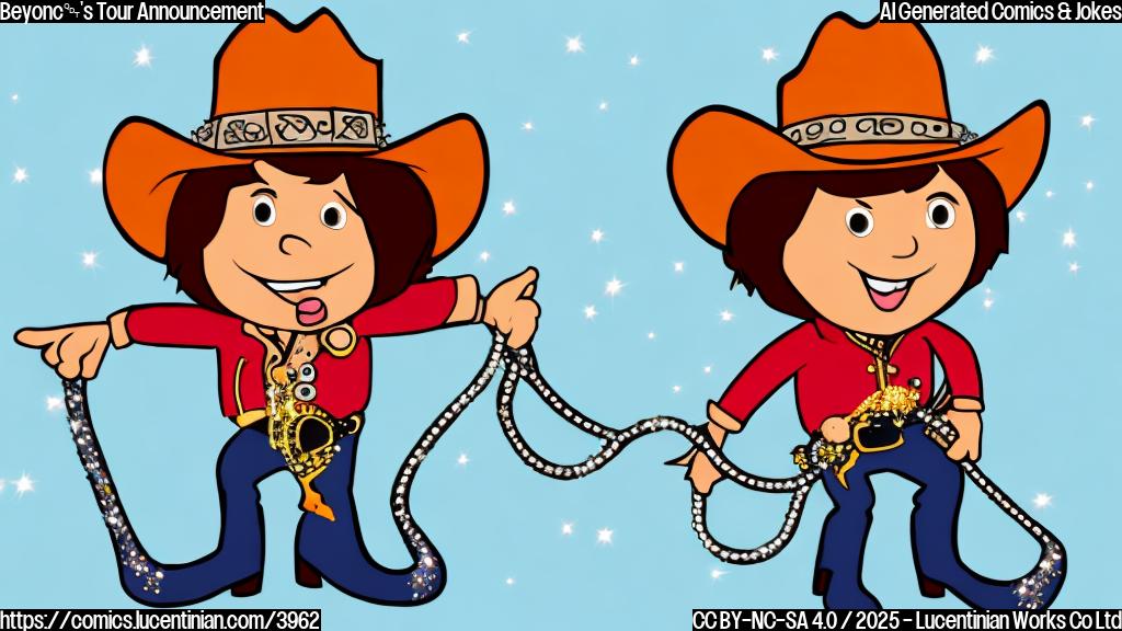 A simple cartoon drawing of a singer wearing a sparkly cowboy hat and boots, holding a lasso, with a plain background. Style: flat color.