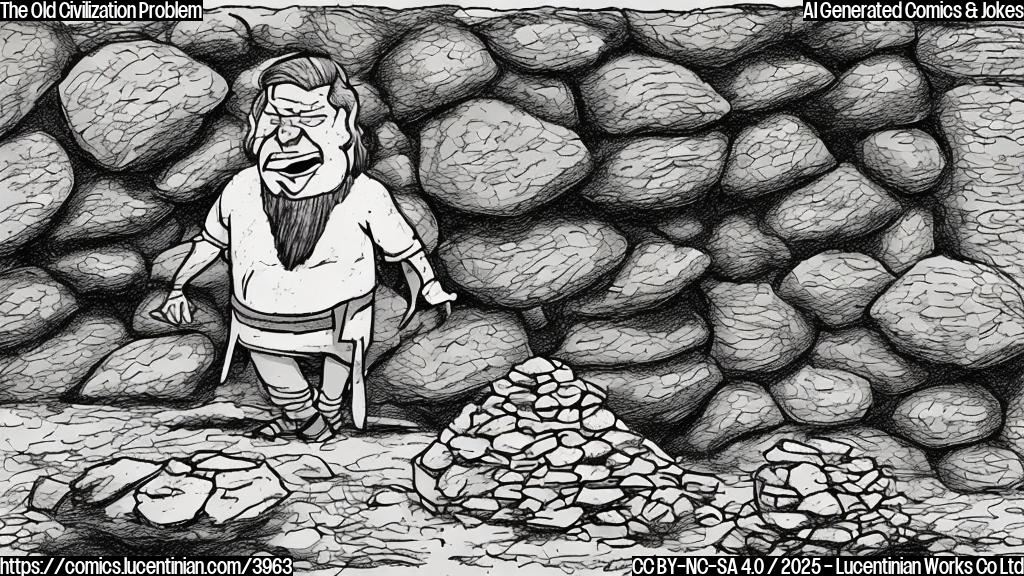 A simple cartoon of a person in stone age clothing looking frustrated at a pile of rocks, in plain colors.