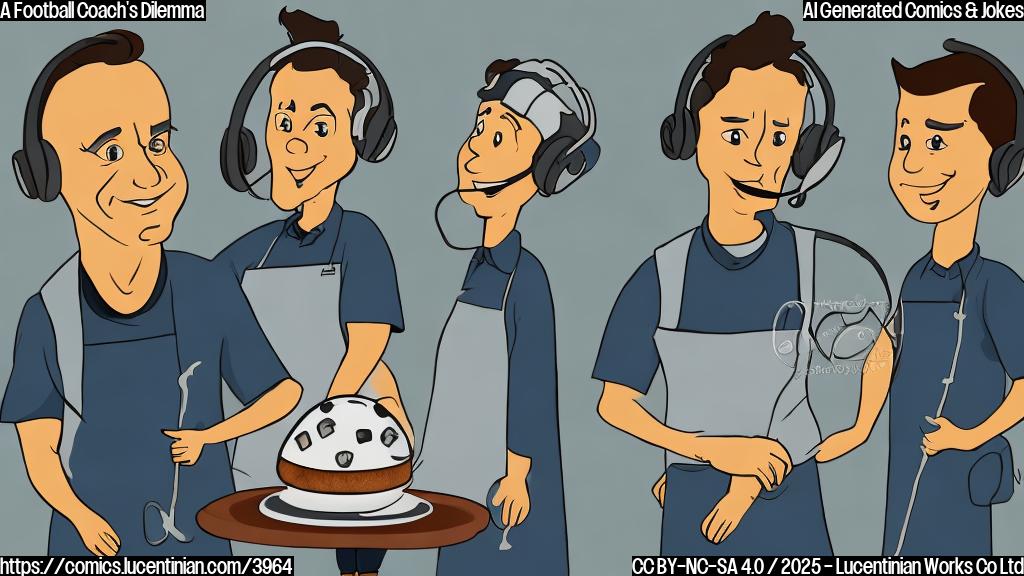 A cartoon of a football coach wearing a headset and apron, frustratedly looking at a burnt cake in the oven. Simple color palette, flat color style.