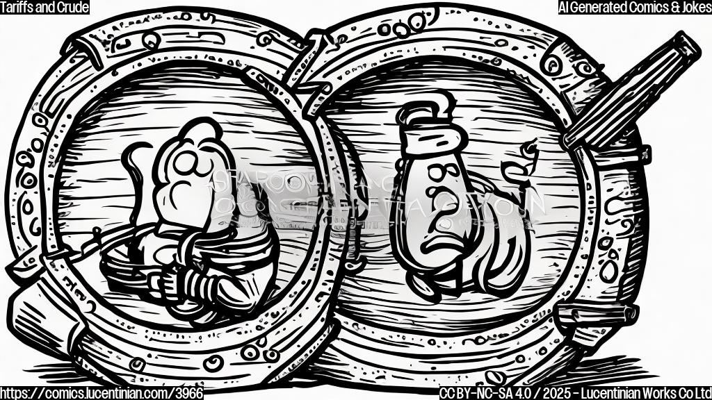 A cartoon drawing in plain colors of a barrel of oil wearing a sad face, with a small tariff label stuck on it.  The background is a simple, plain color.