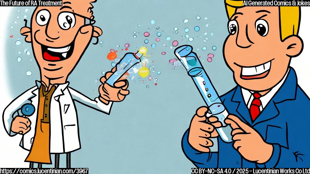 A cartoon of a scientist with a joyful expression holding a test tube with a glowing liquid, in a plain color cartoon style