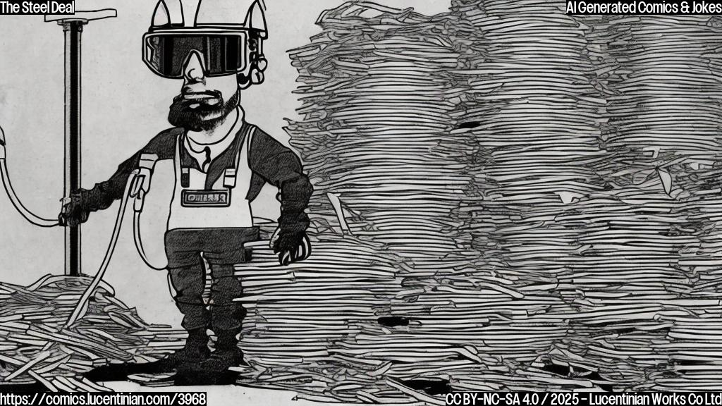 A cartoon drawing in plain colors of a steel worker with a safety helmet and goggles looking sad and dejected with a pile of unused steel bars behind him.