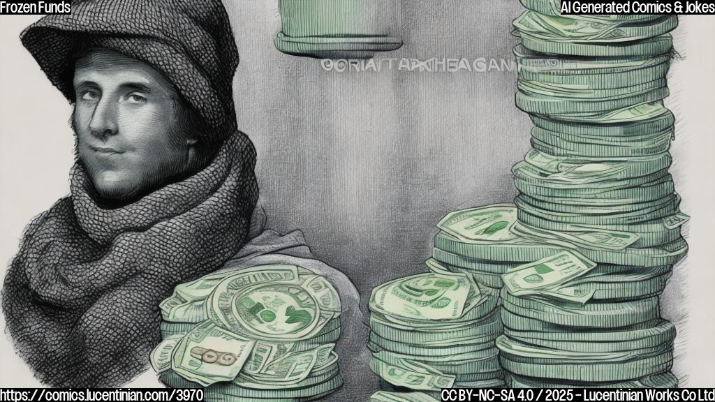 A cartoon drawing in plain colors of a stack of money wearing a winter hat and scarf, shivering