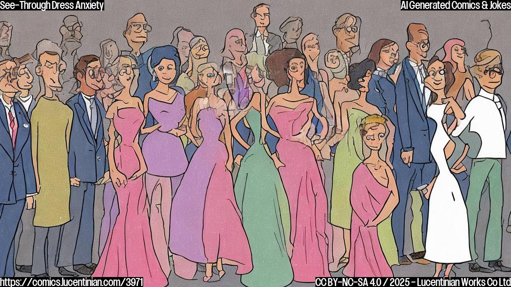 A cartoon drawing in a plain color style of a person wearing a transparent dress at an awards ceremony, looking anxious and slightly worried, surrounded by other well-dressed people who are looking at her. The scene should be set at an awards ceremony hall with red carpets and spotlights.  The background is simple and without unnecessary details.