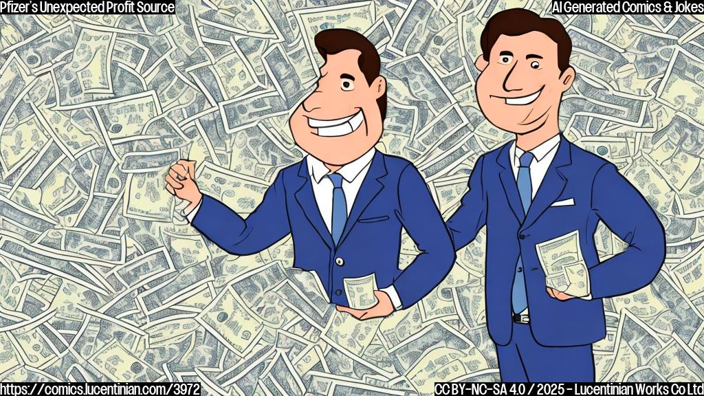 A simple cartoon of a smiling businessman in a suit holding a large empty pill bottle and a stack of money.  The background should be plain light blue.  Simple lines, flat colors, no shading.