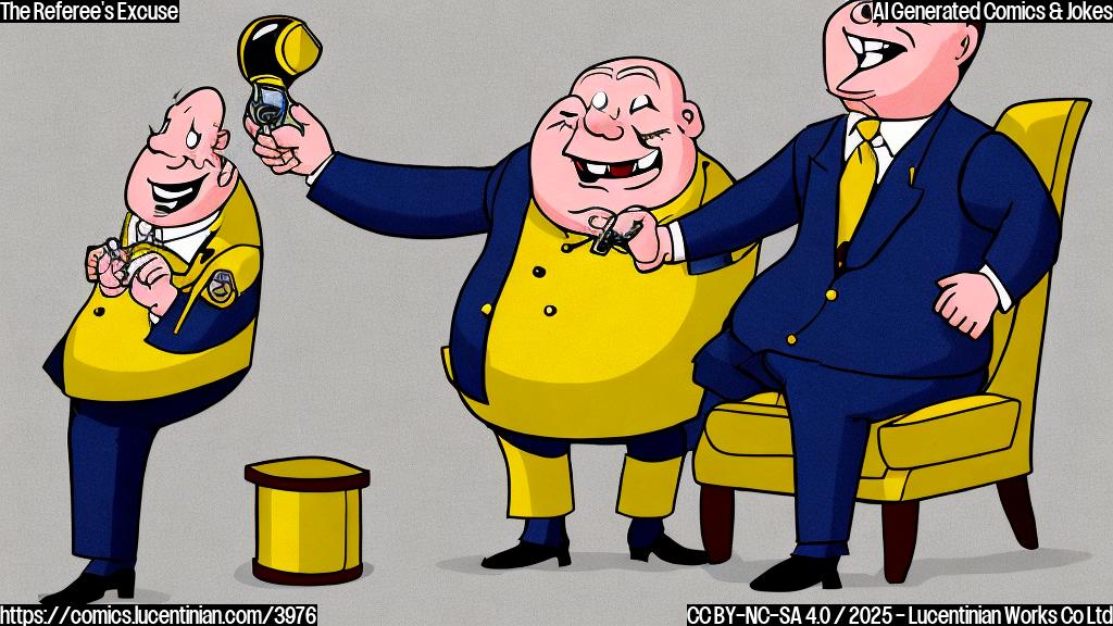 A cartoon drawing of a smiling, rotund man in a suit, sitting in a luxurious armchair, laughing heartily.  He holds a referee's whistle in his hand.  The background is a simple, plain yellow.  The style is simple and flat, with no gradients or shading.