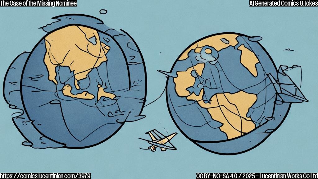 A simple cartoon drawing of a sad-looking globe with a small airplane sitting on top of it, with a speech bubble coming out of the globe that says "grounded". The style should be plain color and simple.