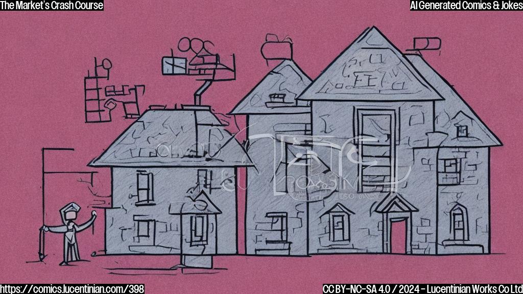 a cartoon style drawing of a person holding a clipboard with a calculator and wearing a serious expression, standing next to a house with a "For Sale" sign. The house has a ladder leaning against it, and the person is taking a step up towards the house as if they're trying to reach new heights. The background is a subtle gradient of warm colors, representing growth and stability.