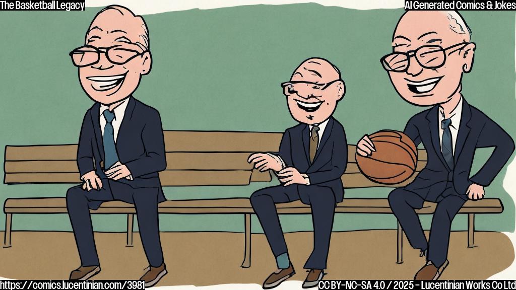 A simple cartoon drawing of an older man in a suit and glasses sitting on a bench, smiling at a younger man with a basketball in hand, both in plain colors, no background.