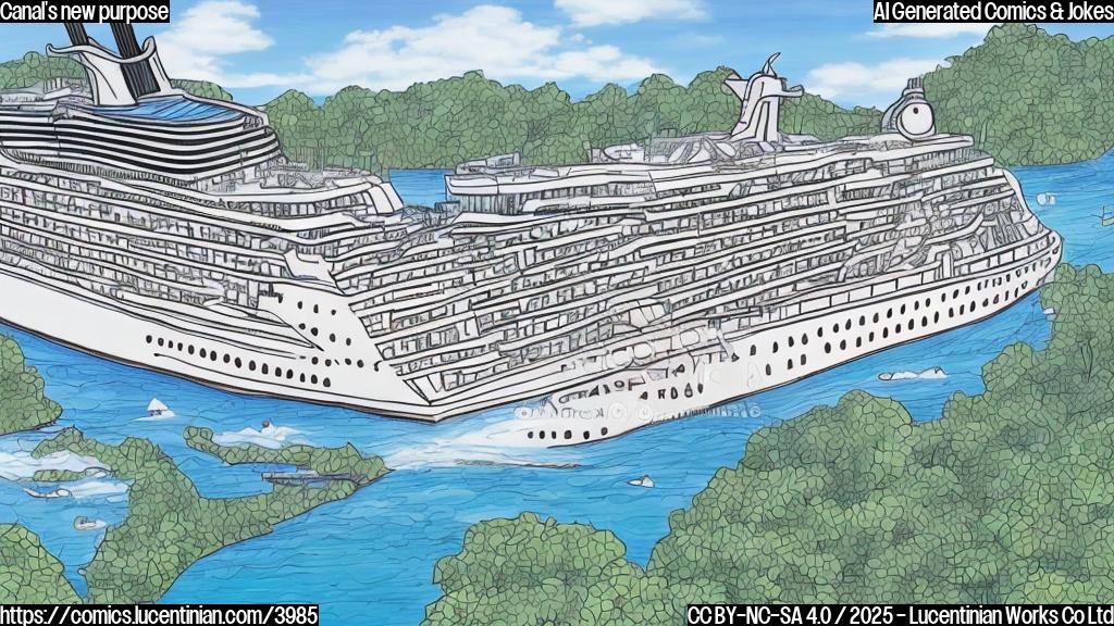 A simple cartoon drawing in plain colors of a Panama Canal that has been redesigned to look like a luxury cruise ship, complete with windows, balconies, and swimming pools. The drawing style should be simple and childlike.