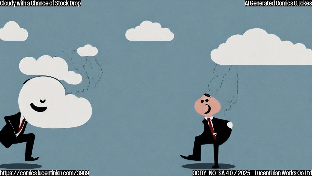 A simple cartoon drawing in plain colors of a sad cloud character wearing a business suit and tie, with a graph showing a downward trend next to it. The cloud has a worried expression. The background is a plain light blue.