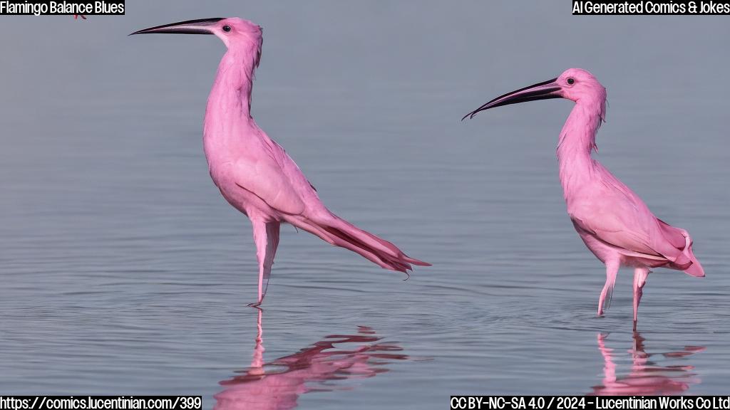 A pink, long-necked bird with a distinctive beak and legs balancing on one leg, surrounded by calm water, with a few subtle ripples on the surface. The bird's feathers are slightly ruffled, and its head is tilted to one side, conveying a sense of unease or discomfort.