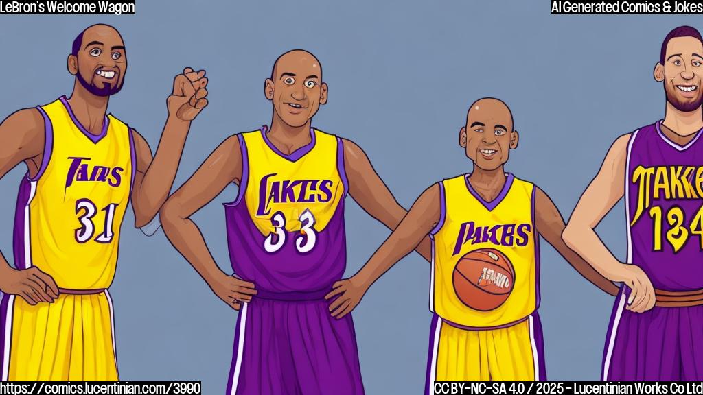 A simple cartoon of two basketball players, one older with a slightly receding hairline and wearing a purple and gold jersey, the other younger with a determined expression and wearing a similar jersey, shaking hands against a plain yellow background.  The style should be simplistic and flat, like a children's book illustration. The older player has a slight smirk, the younger player looks happy yet determined.