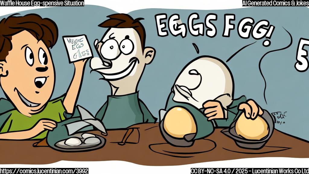 A simple cartoon of a person looking shocked at a menu with a large price tag next to the word "Eggs", drawn in a plain color style.