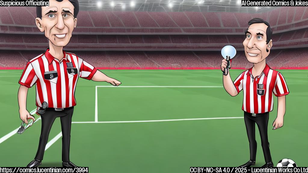 A cartoon of a referee in a striped shirt and black pants, looking smug and holding a whistle, with a background depicting a football stadium, using only solid colors and plain outlines.