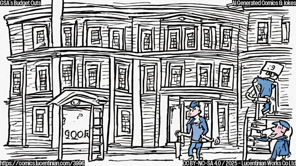 A simple cartoon drawing in a single color, depicting a person carrying a ladder in front of a building with a sign on it that says "GSA Budget Meeting".