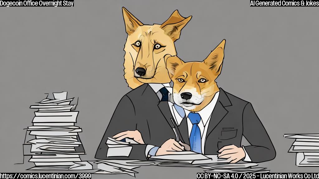 A cartoon drawing in a plain color style of a tired-looking businessman in a suit sleeping on a desk covered in papers with a logo of a Doge on it. The background is a plain light gray.