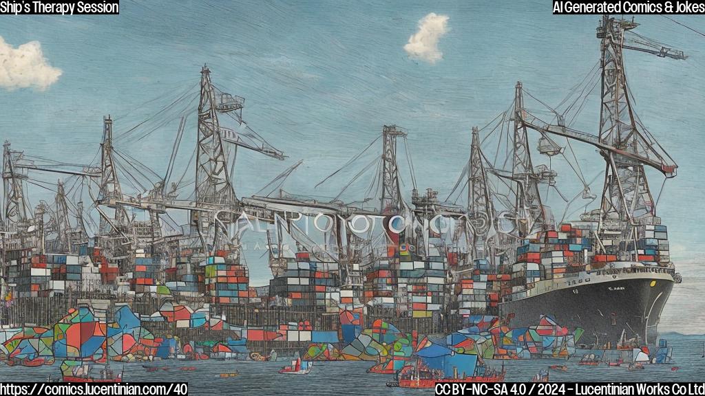 A cartoon of a ship looking anxious or worried, with a thought bubble showing a long line of other ships waiting behind it. The ship should be surrounded by cargo containers and cranes in the background, with a few dockworkers protesting in the foreground holding signs that say "Fair Pay Now!" or similar. The ship's expression should convey its frustration at being stuck in the queue.