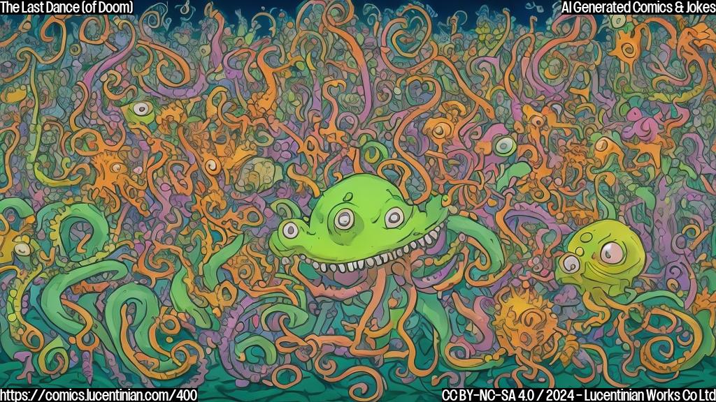 Draw a cartoon-style image of a group of creatures with tentacle-like appendages performing a waltz in a crowded dance hall. The main character, a large, red-skinned figure with sharp teeth and spiky shoulders, is at the center, surrounded by smaller, more agile creatures dressed in elaborate costumes. The background should include fluttering ribbons, flashing spotlights, and cheering crowds. The overall atmosphere should be lively and energetic, with a hint of menace lurking beneath the surface.