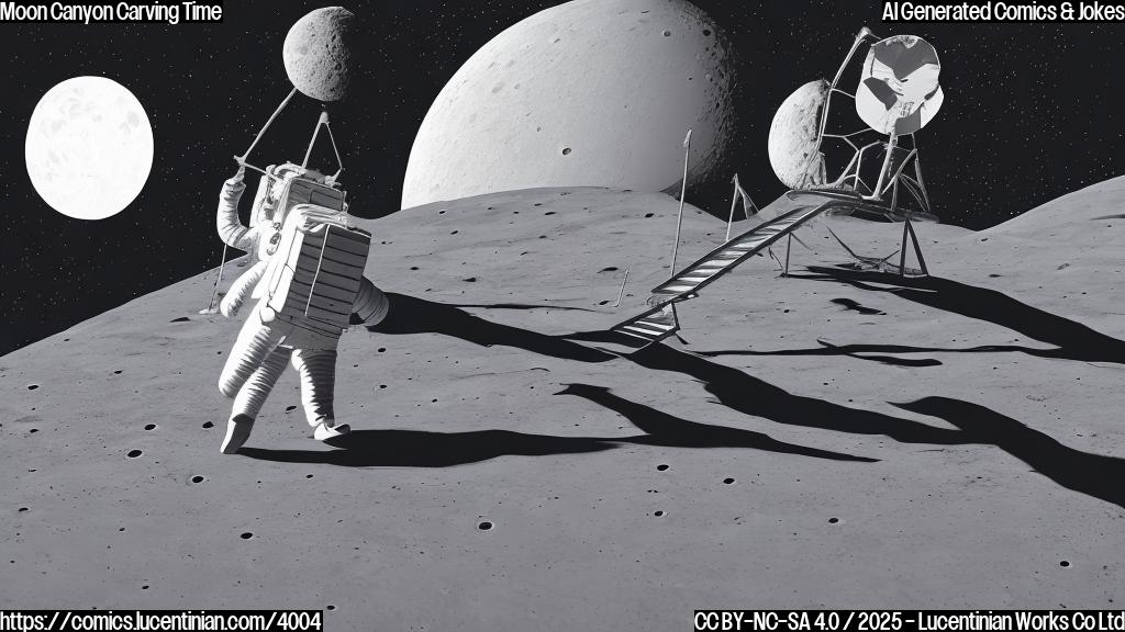 A cartoon drawing in plain colors, depicting an astronaut carrying a ladder, with two large canyons visible in the background on the moon's surface. The style should be simple and childlike.