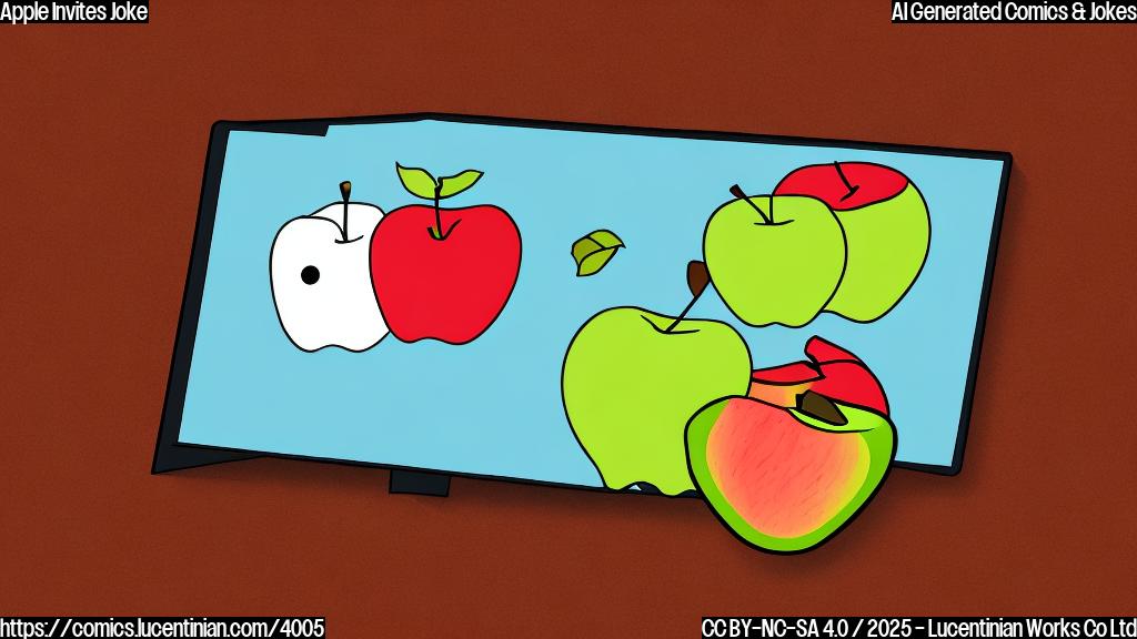 A cartoon drawing of a rejected digital invitation on a screen, with a sad, cartoon apple character looking down. Simple background and solid colors.