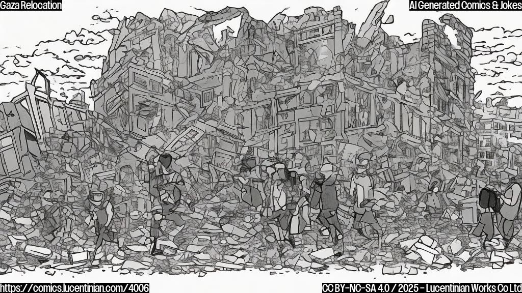 A simple cartoon drawing in a plain color style showing a group of people with suitcases, leaving a destroyed building. The building should be drawn in simple shapes, with visible signs of destruction. The people should look sad but determined.