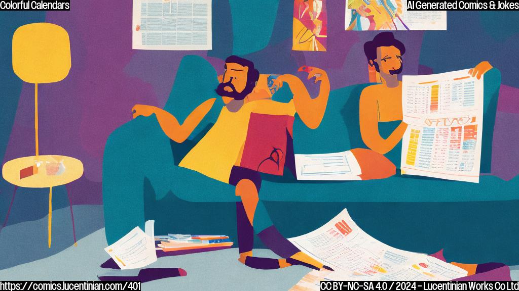 A colorful, simplified illustration of a person sitting on a couch with a calendar book in front of them, looking slightly disheveled and stressed. The background is a warm, soothing color with subtle hints of darkness.