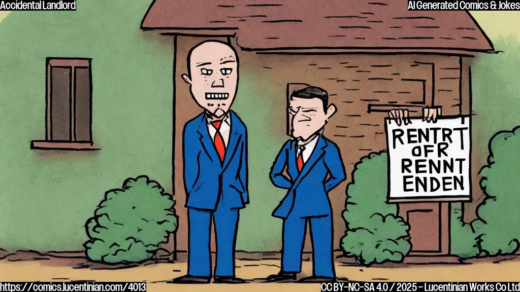 A cartoon of a disgruntled person in a suit standing next to a house with a "For Rent" sign, drawn in a plain color style.