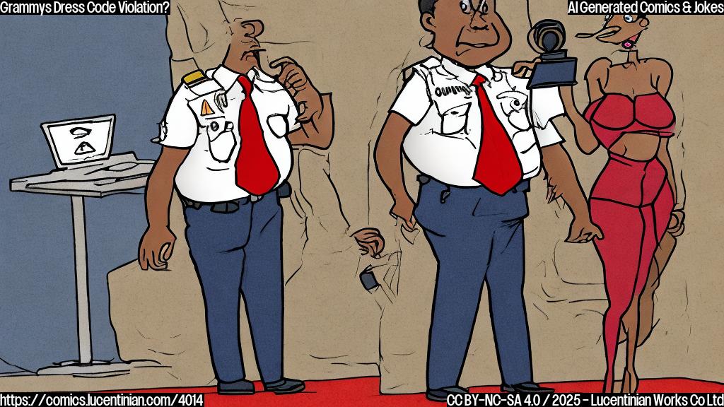 A simple cartoon of a security guard with a surprised expression looking at a person wearing a very revealing outfit. The background is the Grammys red carpet.  Use only plain colors.