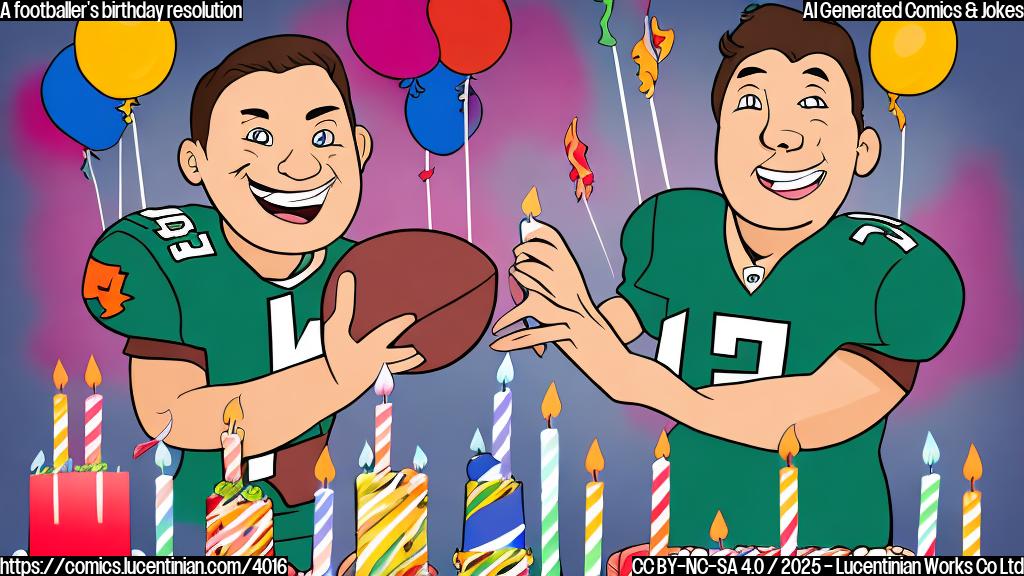 A cartoon drawing of a person wearing a football uniform, standing next to a large birthday cake with 40 lit candles, in a simple flat color style with a plain background