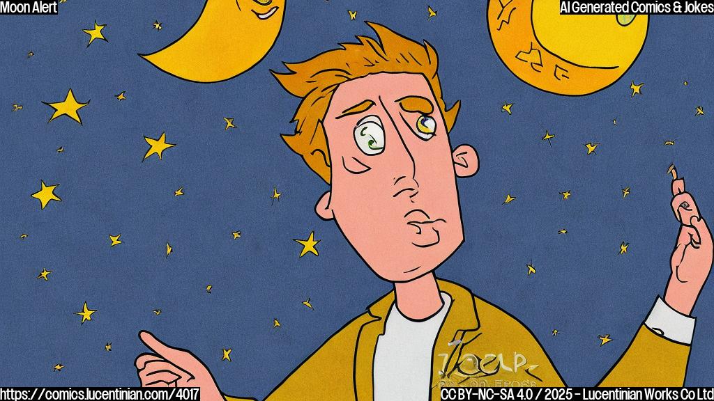 A cartoon drawing of a person with a star on their head looking up at the moon with a confused expression in plain color style