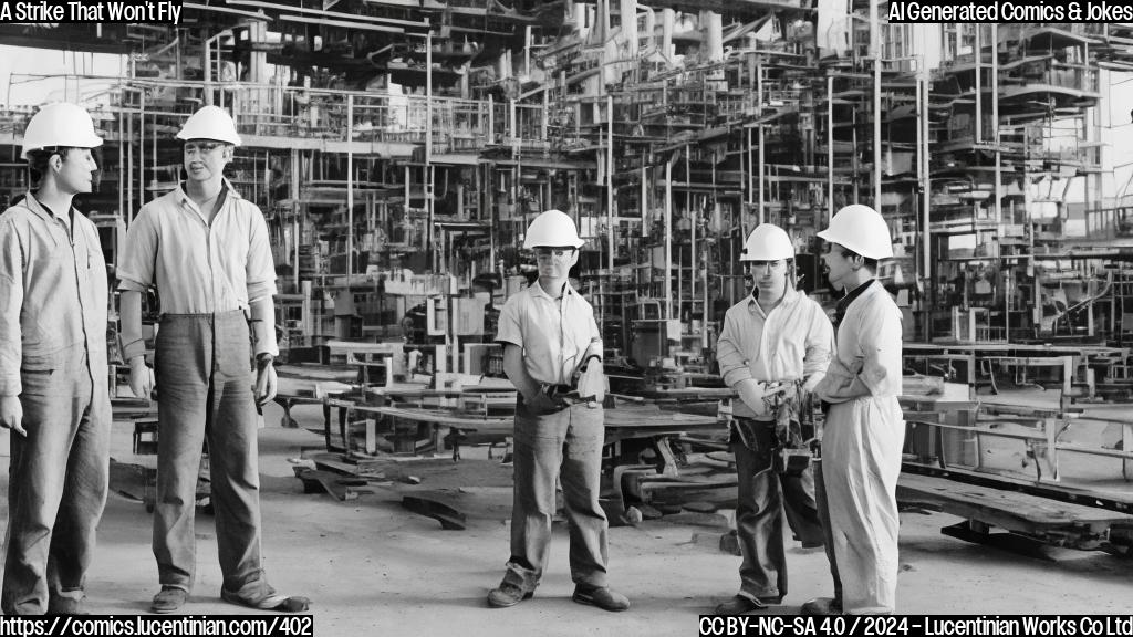 Two people in hard hats, one holding a toolbox and standing with crossed arms, the other looking up at them with a puzzled expression on their face. The atmosphere is tense, with a large factory background showing some halted production lines.