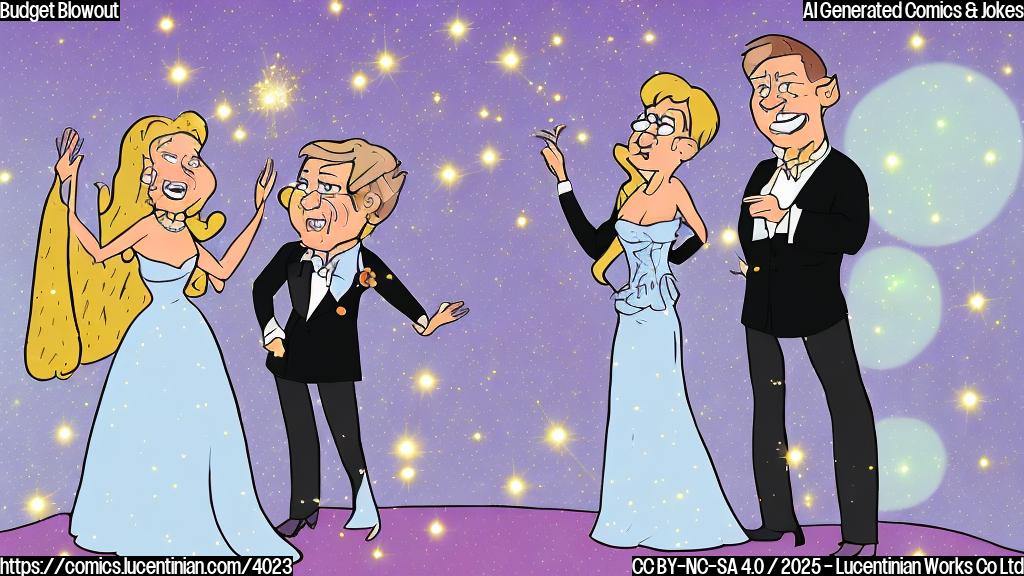 A simple cartoon drawing of a director pointing angrily at an actress wearing a sparkling extravagant dress. The background is plain color.