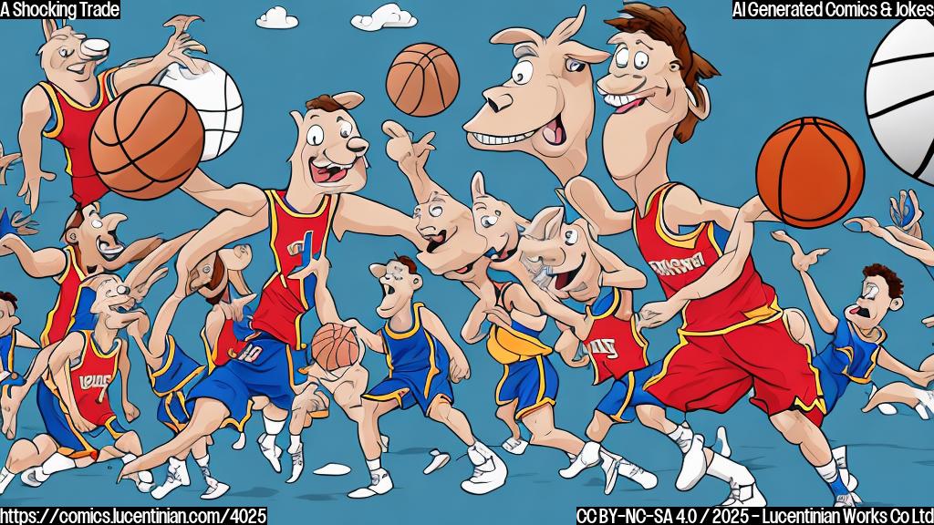 A cartoon drawing in plain colors showing a basketball team manager in a suit looking shocked, while a llama wearing basketball shorts and a team cap juggles three basketballs. The background shows a basketball court.