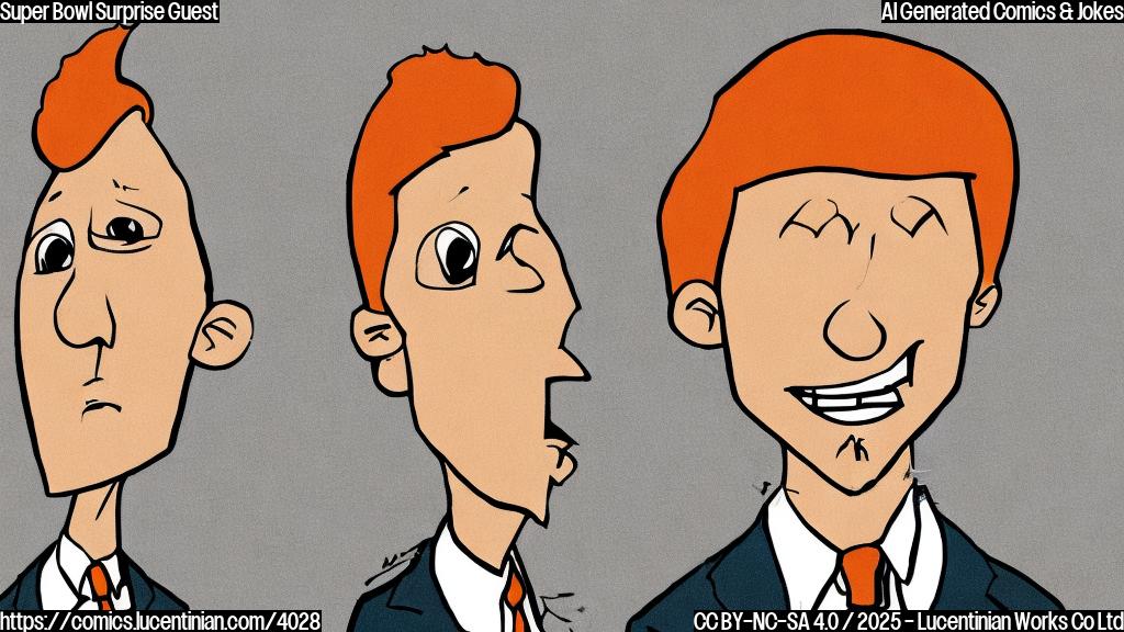 A cartoon drawing in plain colors of a surprised looking man in a suit sitting in a stadium with a football field visible in the background. The man is light skinned with orange hair. The style is simple, almost child-like, with bold outlines.