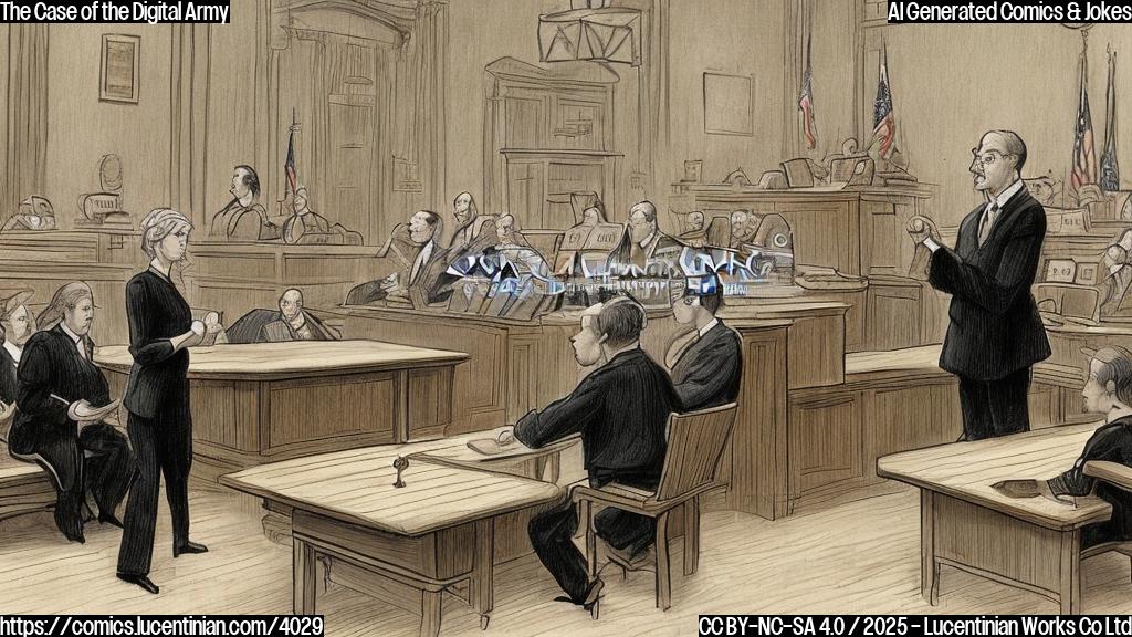 A simple cartoon of a courtroom scene. A woman in a suit sits at a table, looking sternly at a man also in a suit. Behind the man stands a group of tiny soldiers holding tiny computers, their faces determined. A judge in a simple wig sits behind a simple wooden bench. All in plain color.