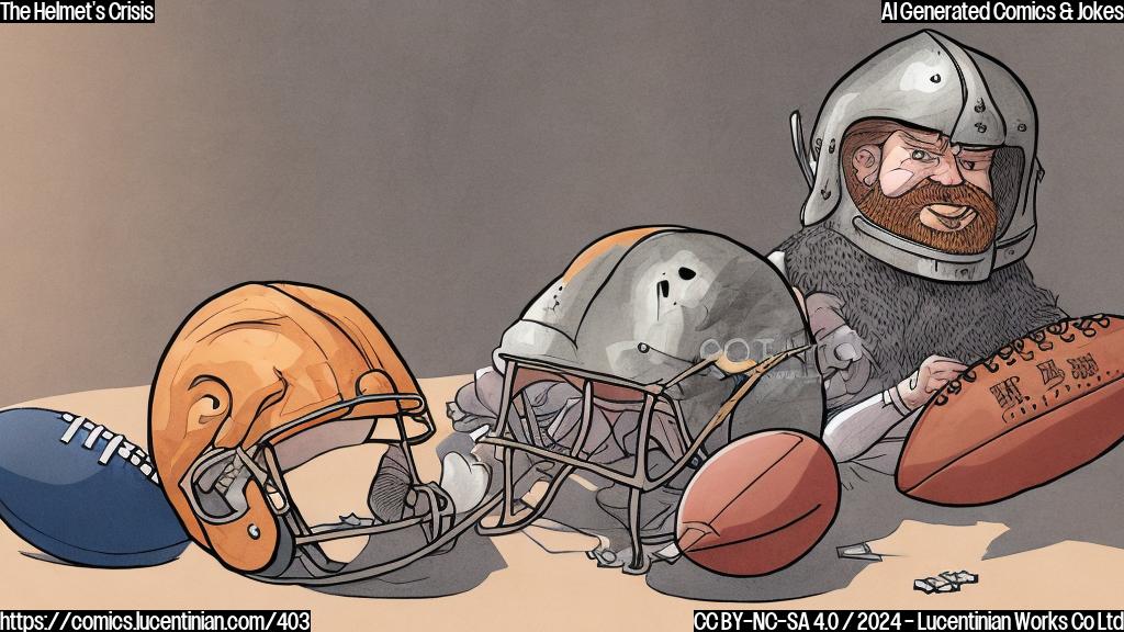 A cartoon style picture of a plain-colored Viking helmet with a puzzled expression, sitting on a therapist's couch, with a deflated football in the background.