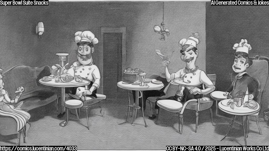 A cartoon of a person in a chef's hat serving miniature sandwiches, a person sitting on a plush sofa eating a tiny hamburger, and a third person relaxing in a luxurious, modern-looking room with an empty plate.