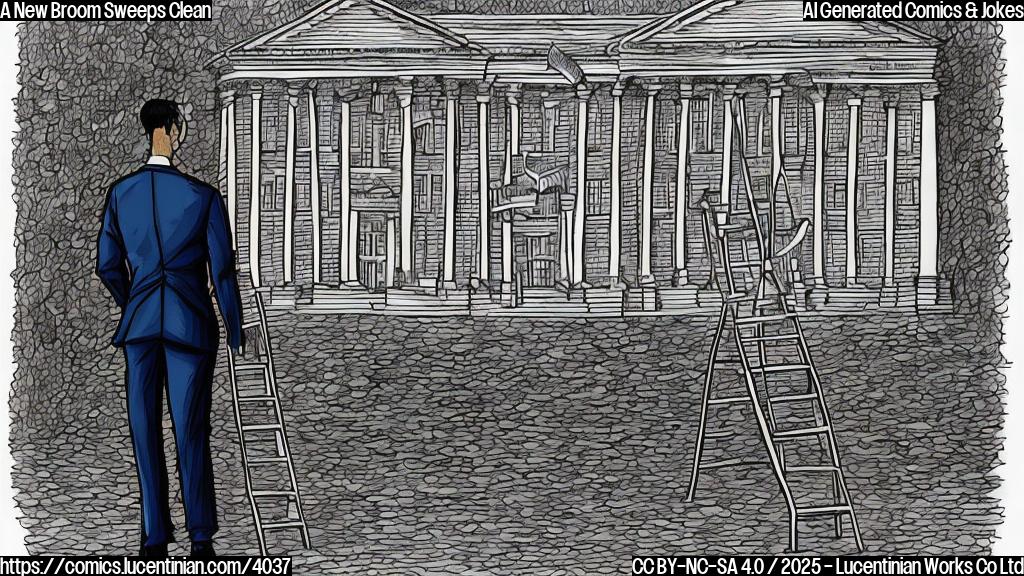 A cartoon of a stick figure attorney general, wearing a suit, carrying a ladder in front of a large building. The building has the words "Justice Department" written on it. Simple line drawing style, plain colors. Use a palette of blues, grays, and browns.