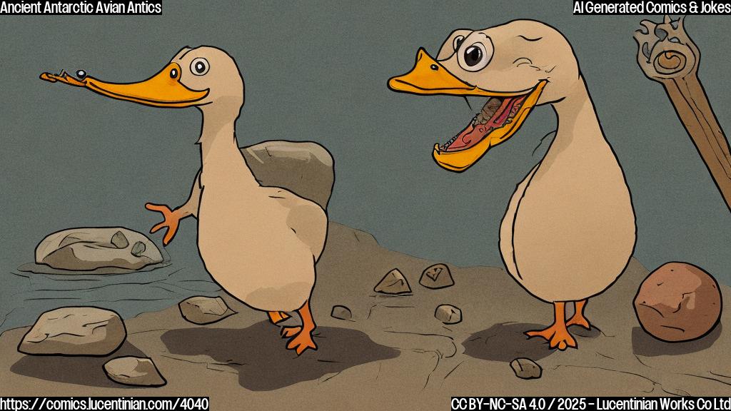 A cartoon of a simple plain-color illustration of a paleontologist, with simple features, pointing a finger at a small, simple plain-color illustration of an ancient duck-like creature with a surprised expression, set against a simple background with some simple plain-color illustrations of rocks and fossils.