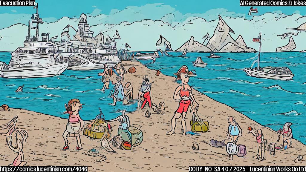 A cartoon drawing in plain colors showing a person dressed in simple clothes standing on the beach, looking at a boat at sea. The background depicts a crowded land crossing and an equally busy airport.