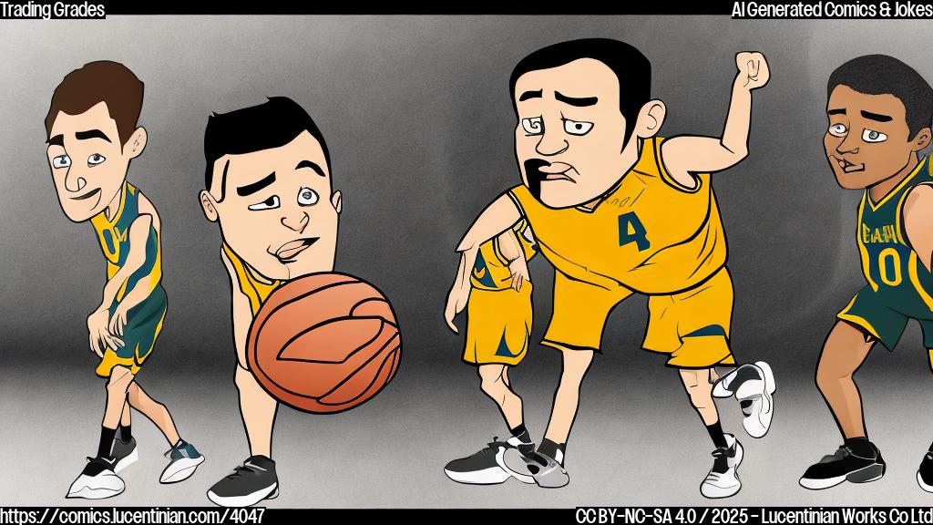 A cartoon of a basketball team coach looking dejected because of a B+ grade next to a cartoon of an A+ grade with a little lock on it, all in plain colors and simple style.